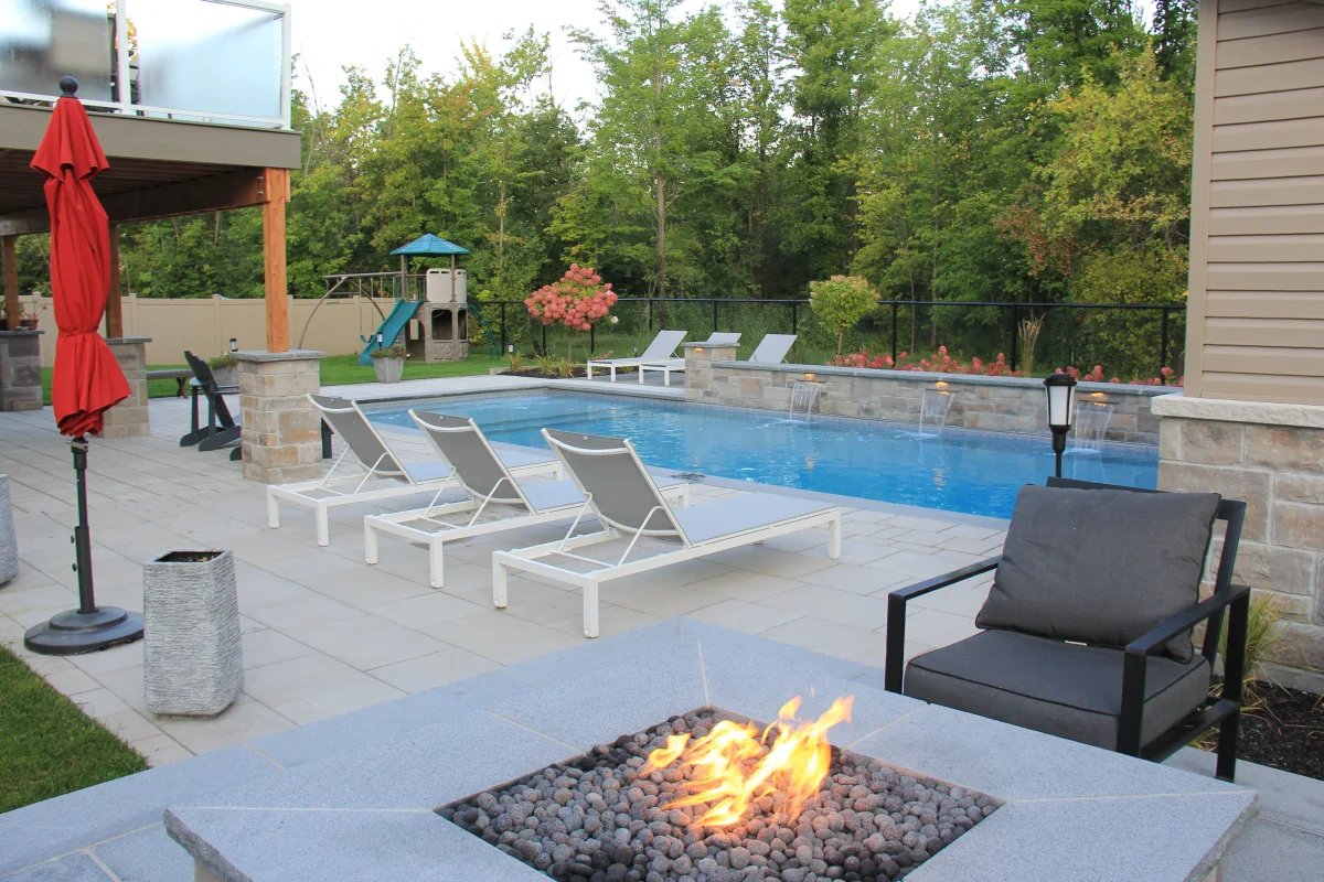 Fire table terrace directly beside the pool — Astrolabe archive photograph IMG_6917