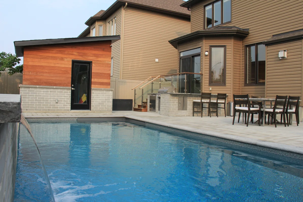 Pool, cabana and outdoor dining seen from water level — Mickelberry archive photograph IMG_6859