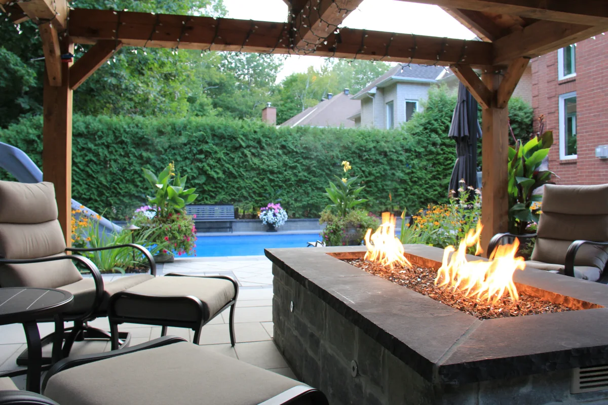 Rivercrest covered fire lounge overlooking the pool