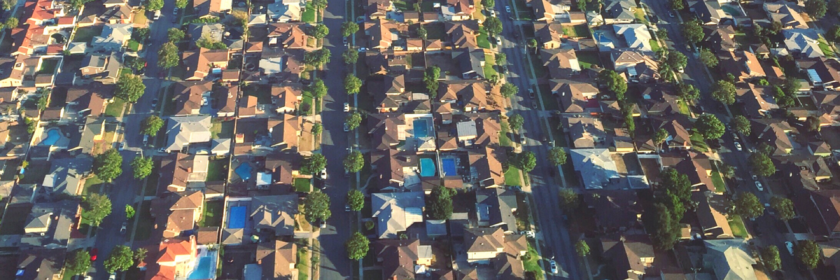 Aerial view of neighbourhood with lots of swimming pools